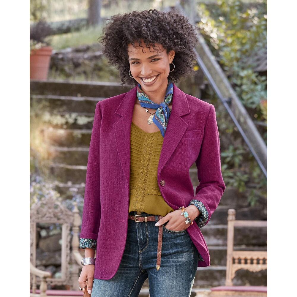 NWOT Sundance Wool Blend Blazer Herringbone Magenta Large Office Career Floral